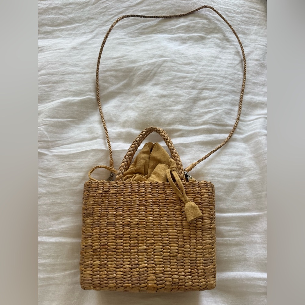 Hat Attack Woven Straw Crossbody with Mustard Drawstring Pouch